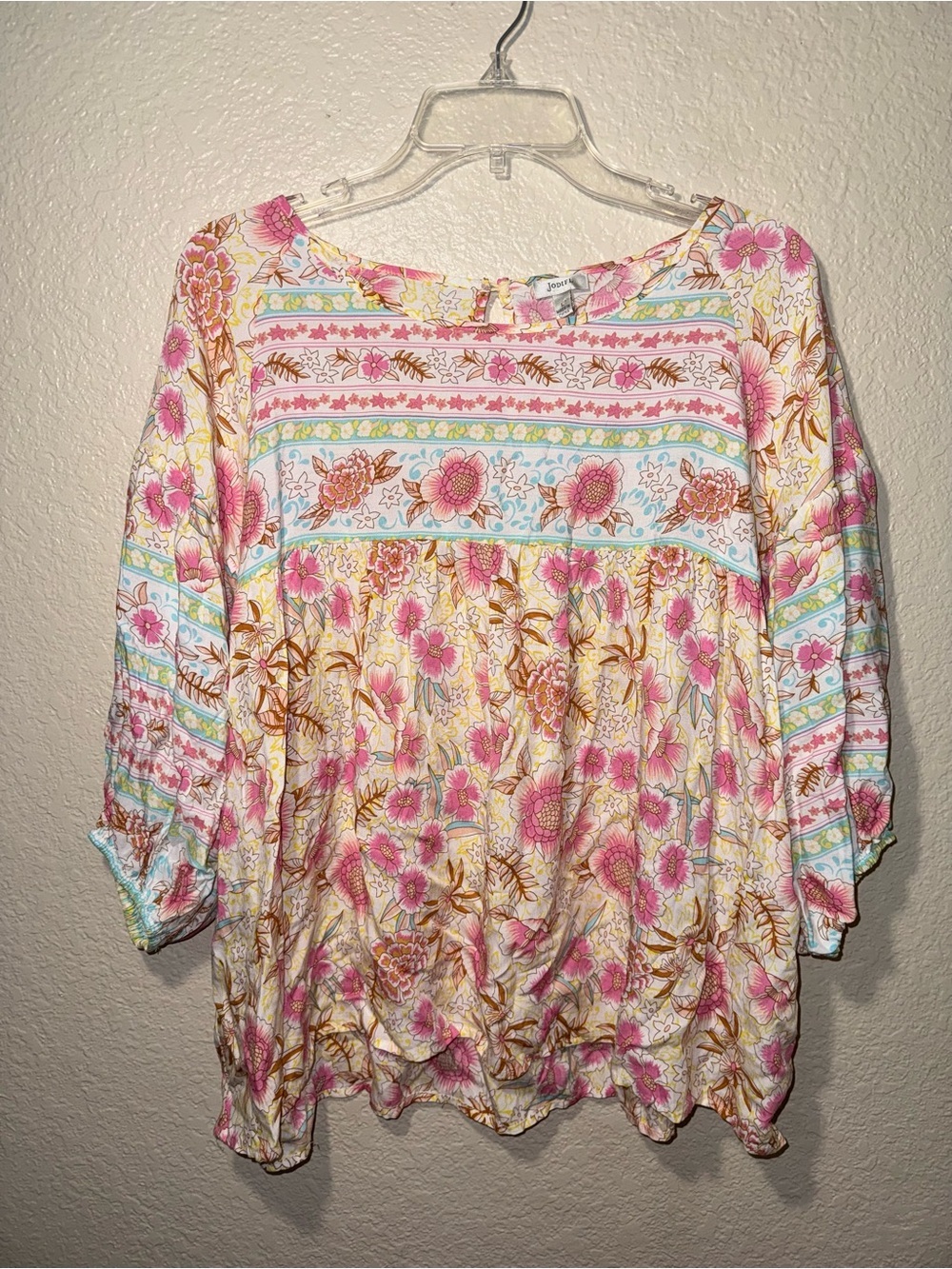 Jodifl Floral Boho Blouse Size Large Pink Blue Peasant Top